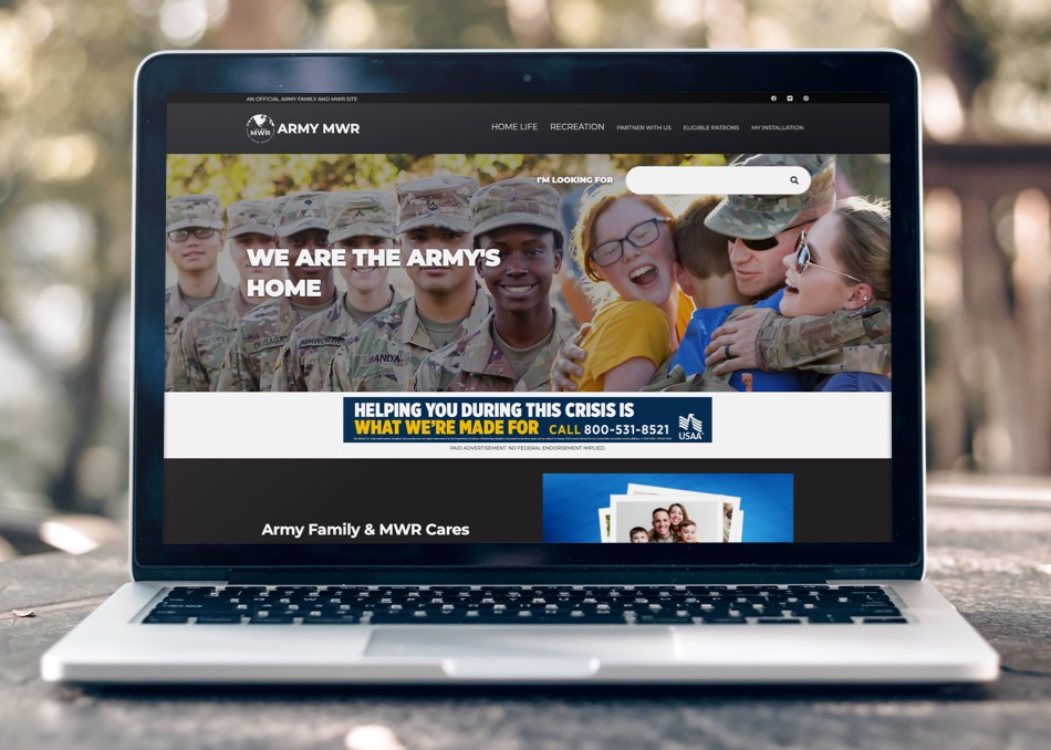 The ArmyMWR.com homepage features a large banner with a slideshow of images promoting various MWR (Morale, Welfare, and Recreation) programs and services